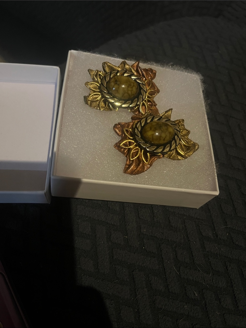 Gold-Tone Leaf Statement Earrings with Olive Cabochon